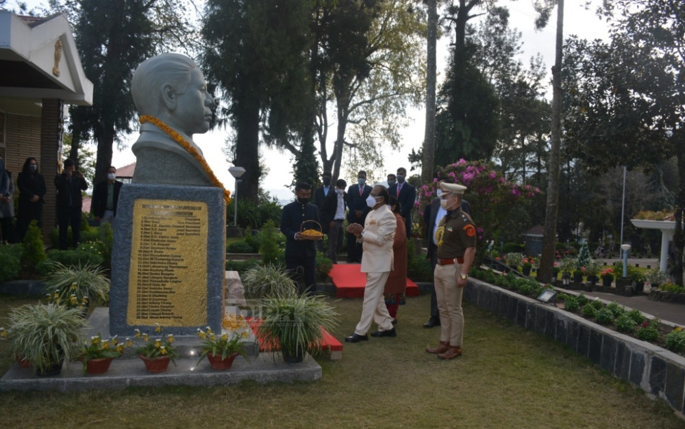 As part of the 59th Nagaland Statehood Day Celebration, Prof Jagdish Mukhi, Governor of Assam and Nagaland along with his wife Prem Mukhi, Officers and Staff of Raj Bhavan paid rich floral tribute at the bust of Dr Imkongliba Ao at Raj Bhavan, Kohima. While celebrating the Statehood Day, the Governor celebrated his 80th Birthday. The officers and staff of Governor's Secretariat led by T Mhabemo Yanthan, Commissioner and Secretary to the Governor wished Prof Jagdish Mukhi a happy, long and healthy life. (DIPR Photo)